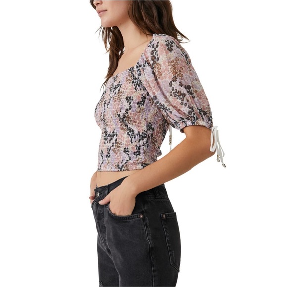 Free People Back On Top Crop Smocked Shirt Blouse Soft Combo Puff Sleeve - Picture 13 of 15